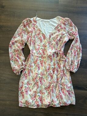 Lush Floral Wrap Mini Dress in White with Pink & Green Floral Print